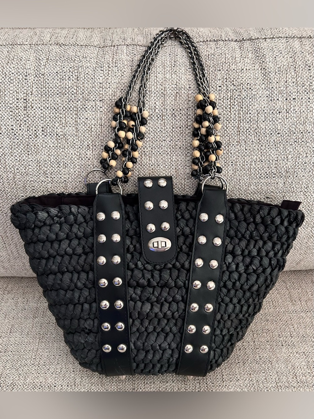 Black Studded Woven Shoulder Bag with Chain & Beaded Handles